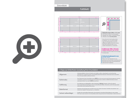 Product Bild faltblatt__gefalzt_auf_din_a6_quer__8-seiter_(3-bruch_fensterfalz)__beidseitig_bedruckt_(4_4_farbig_+_2_sonderfarben_hks)