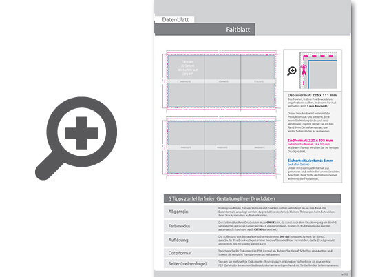 Product Bild faltblatt__gefalzt_auf_din_a7__6-seiter_(wickelfalz)__beidseitig_bedruckt_(4_4_farbig_+_2_sonderfarben_hks)